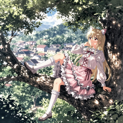 1girl, solo, lazypos, anime-style, detailed background, vibrant colors, delicate, dreamy, high angle side view, cinematic lighting, volumetric lighting, ray tracing, dramatic shadows, dappled sunlight, close-up, clouds, blue sky, kaela20, blonde hair, red eyes, long hair, smile, SWdress, cropped jacket, long sleeves, lace trim, frills, layered skirt, puffy dress, cross-laced dress, buttons, waist ribbon, pink dress, frilled dress, white socks, frilled socks, kneehighs, ribbon footwear, mary janes, cat ears, forest, tree, sitting, sitting on tree branch, mountainous horizon, village, usnr17, sock, sunlight, an illustration of a girl sitting on tree branch overlooking a village in the distance. her back is leaning against the tree, and she appears to be deep in thought. the village below is densely populated with houses and buildings, and there are mountains visible on the horizon. the overall mood of the image is peaceful and serene., lora: hololive_kaela_kovalskia_redebut:0.5>