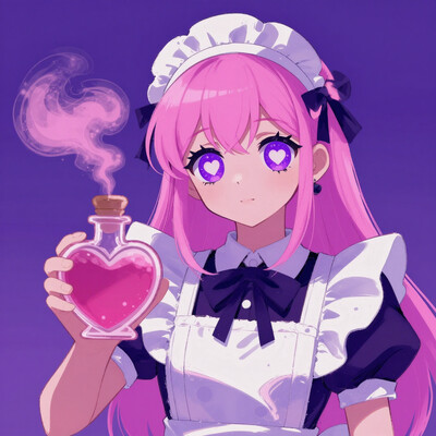 IllusP0s, neon palette, flat colors, 1girl, CivChan, purple eyes, pink hair, maid, yandere, heart-shaped pupils, looking at viewer, holding love potion, giving viewer, heart-shaped bottle, pink smoke, heart