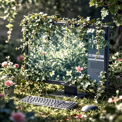 highly detailed and fantastical scene. The central image should depict a large flatscreen computer monitor with a keyboard next to it, surrounded by flowers and overgrown with ivy. Nature took over
