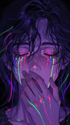 The image features a close-up of a person with their eyes closed, and vibrant, neon-colored streaks flowing from their eyes down their face and hand. The colors include shades of purple, pink, green, and blue, creating a striking contrast against the subject's skin tone. The person has freckles on their cheeks and nose, adding texture to their complexion. Their hair is dark and appears slightly tousled. The camera captures the subject from a frontal angle, focusing closely on their face and upper body. The lighting is soft and even, highlighting the details of the subject's skin and the vivid colors of the streaks. The light source seems to be positioned in front of the subject, ensuring that the colors are bright and well-defined. Shadows are minimal, maintaining the clarity of the image. The background is completely black, which isolates the subject and makes the colors pop even more. This stark contrast draws all attention to the subject and the artistic elements of the image. There are no other objects or distractions in the background, keeping the focus solely on the person and the neon streaks. The composition is centered, with the subject's face taking up most of the frame. The hand gently touching the mouth adds an element of intrigue and emotion to the image. The lines of the neon streaks lead the viewer's eye across the face and down the hand, creating a dynamic flow within the composition. The overall effect is both artistic and emotive, evoking a sense of mystery and creativity. BREAK anime, d13s3lp2nk, bboil artist style, OBdonman, Anime art