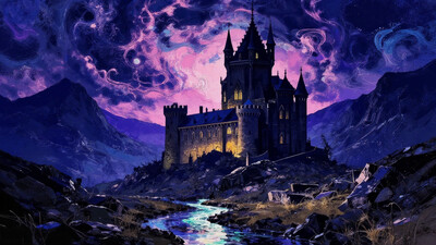 a digital painting depicting a fantastical, medieval castle situated on a rugged, mountainous landscape under a vividly colored, swirling sky, The castle is dark gray with multiple towers and spires, each illuminated with warm, golden light that contrasts sharply with the cool, dark stone, The architecture is a mix of Gothic and medieval styles, with pointed arches and steep, sloping roofs, In the foreground, a narrow, reflective stream snakes through the grassy, rocky terrain, leading towards the castle, The stream is colored with a spectrum of blues, purples, and greens, mirroring the sky above, The grass around the stream is dry and golden, adding a touch of desolation to the scene, The sky above is a chaotic mix of colors: deep purples, blues, and pinks swirl in a turbulent, almost otherworldly manner, suggesting a storm or magical energy, Wispy clouds float amidst the color, adding to the ethereal atmosphere, In the background, the mountain peaks rise dramatically, covered in dark, jagged rocks, The sky transitions from the colorful chaos above the castle to a more subdued, starry night sky further back, with distant mountains silhouetted against it, , soft diffused lighting, glitch style, shot by Richard Avedon on Agfa Vista film, mad-stncl, flat colors