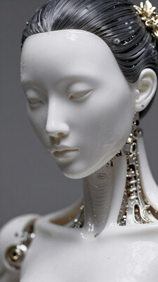 masterpiece, best quality, amazing quality, realistic, white, android, extreme close-up, (head tilt:1.2), faceless robot mask, smooth, dark hair bun, gold hair flower, expressionless, (exposed muscle:2.3), (porcelain:2)