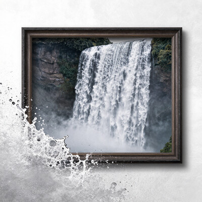 surreal art rendition of a photo frame depicting an epic waterfall scene with the bottom part of the frame broken leading to water spilling on the wall, anti-aliasing