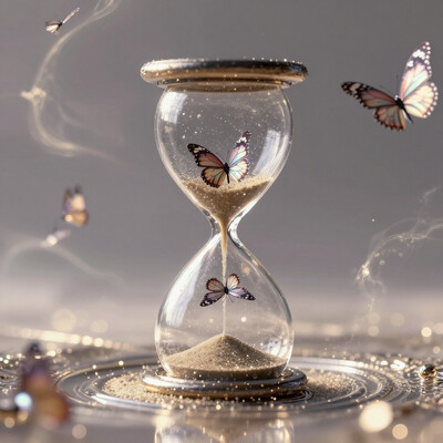 A surreal image of a floating, upside-down hourglass where the sand consists of shimmering metallic butterflies. As the sand flows upward, the butterflies flutter their wings, breaking apart into smaller particles of stardust. The hourglass floats in the center of a vast, liquid-like sky, with ripples of light radiating outward from the hourglass. The entire scene is bathed in ethereal light, with hints of glowing, molten gold swirling in the background. The perspective is slightly tilted, giving a disorienting yet mesmerizing effect. drkfnts style