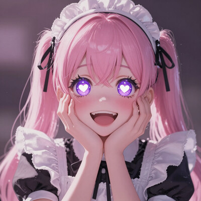 masterpiece, best quality, amazing quality, CivChan, purple eyes, pink hair maid, maid headdress, black ribbon, puffy sleeves, yandere trance, yandere, hands on own cheeks, hands on own face, crazy eyes, crazy smile, crazy, heart-shaped pupils, glowing eyes, symbol-shaped pupils, hand on own face, open mouth, glowing, blush, looking at viewer
