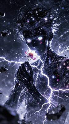 masterpiece, nv-celestialskin, colored skin, void cosmic body, stars, black skin, chromatic aberration, 1boy, kageyama shigeo, spoken heart, holding flower, dutch angle, upper body, floating rubble, glowing eyes, psychic, lightning, foggy, floating hair, gakuran, solid circle eyes
