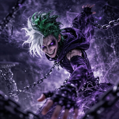 masterpiece, best quality, high quality, newest, highres, 8K, HDR, absurdres, 1boy, androgynous, cloak, detached long sleeves, fingerless gloves, stud ear piercings, green hair, white highlight tuft to the left of his face, short hair, purple eyes, slanted pupils, Chained Hooks, evil smile, dark purple aura, stormy sky, dynamic pose, intense lighting, detailed background, depth of field, dynamic composition, foreshortening, detailed background, dynamic pose, dynamic composition, dutch angle, detailed backgroud, foreshortening, blurry edges G0thicL1nes