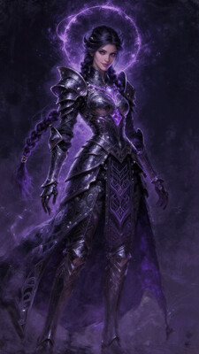 ShadowDJ, a digital fantasy artwork depicting a fantasy character with a dark, mystical theme. The character is a girl with light skin, sharp facial features, and long, braided dark hair. She is wearing an elaborate, dark armored outfit with intricate patterns and glowing purple accents. The armor includes a chest plate, shoulder guards, and a flowing skirt-like extension with geometric designs. The character is surrounded by a glowing purple halo, adding a magical aura to the scene. The background is a deep, dark shade, enhancing the ethereal and enigmatic atmosphere of the artwork. The character's expression is confident and slightly aloof, with a slight smirk on her face. The overall composition is centered, with the character standing upright, exuding a sense of power and mystery. oil-painting, romanticism, painting, elegance, opulence, beautiful, painterly, detailed, textural, artistic, aesthetic, intricate details, highly detailed, vivid, vibrant, mythp0rt, DB4RZ, DB4RZ style painting