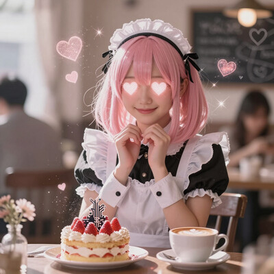 smooth_quality_illustrious-pos, (realistic:1.2), (very awa:1.2), (masterpiece:1.2), (best quality:1.2), (amazing quality:1.2), (very aesthetic:1.1), high resolution, absurdres, ultra-detailed, hdr, civchan, the cutest girl in the world, wearing a (maid costume:1.1), shoulder length pink hair, heart hands, glowing heart eyes, smiling, glimmer, sparkles, (lots of floating hearts:1.2), looking at viewer, cozy café, rim lighting, crepuscular rays, indoors, table, patrons in the background, food, curtains, circuit board sticking in a strawberry cake, cup of coffee with latte art, chalkboard with restaurant menu and hearts on the wall, little vase with flowers on the table, illuminated dust particles, someone asked me to add that i was definitely not forced with a knife to write cutest girl in the world about her, there, done, *sigh*, ovg, artist:moriimee