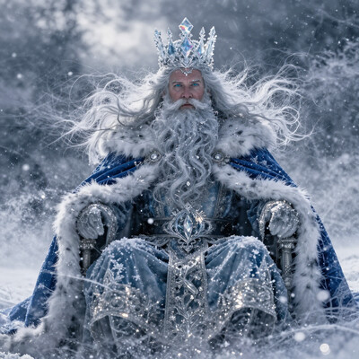 aidmafluxproultra, Main subject: Santa Claus, depicted as the majestic King of the North, sits on a throne amidst an endless snowy plain, surrounded by sparkling snow and icy winds. Object details: His monumental presence commands respect and awe. He wears a luxurious deep-blue mantle lined with dense white fur that cascades in soft folds, resembling frozen ocean waves. Beneath the mantle, a tunic in the color of a winter sunset and heavy trousers in icy blue tones. Across his chest, a massive silver emblem encrusted with icy crystals gleams coldly. Santa's head is crowned with a crystalline ice crown, its peaks refracting light into shimmering rainbow hues. His long, silvery hair and thick beard flow like a frozen waterfall, with tiny frost crystals glistening within. His eyes are a brilliant, clear blue, deep as the winter sky, with faint glimmers of the northern lights in his pupils. Background and environment: A boundless snowy plain under a heavy, overcast sky filled with steel-gray clouds. Wind swirls crystalline snowflakes, and the diffused light creates a mystical atmosphere. The ground shimmers with frost, sparkling like tiny stars. Style and genre: Photorealistic with magical realism. The atmosphere is monumental, majestic, and frigid. Composition: Santa Claus takes center stage, seated on a throne. Focus on his crown, eyes, and detailed attire. The swirling snow and wind add movement to the scene. Lighting: Soft, cold lighting in icy blue and silver tones. The light falls from above, refracting through the crown and crystals, creating magical highlights. Camera and perspective: Mid-range shot, slightly low angle, emphasizing his grandeur and majesty. The focus is sharp on his face and clothing details, with a softly blurred background. Color palette: Cool tones of blue, silver, and white, with subtle accents of warm golden highlights from reflected light. Technical details: Photorealistic, RAW photography, highly detailed textures of fur, ice, and fabric. The transparency effect of the crown and the interplay of light on the snowflakes add depth and magic to the scene.