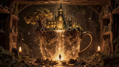aidmaHyperrealism, A large, ancient mug, half-hidden among wooden shelves, holds within it a breathtaking miniature world—a glowing medieval kingdom floating atop its rim, bathed in golden light. The castle’s pointed spires reach toward the heavens, their gothic architecture covered in ivy and shimmering with warm, inviting lanterns, as though an entire civilization thrives within its walls. On one side, a majestic tree with twisted branches and golden foliage extends over the edge, its roots grasping onto the rocky terrain, as if protecting the sacred realm from falling into oblivion. Below, the entire lower half of the mug becomes a radiant abyss, where a golden waterfall of pure celestial energy descends infinitely, its cascading streams forming glowing embers that hover in midair like fireflies caught in a divine current. A tiny traveler stands before this cosmic phenomenon, mesmerized by its grandeur, as molten light carves intricate glowing rivers into the rocky base of the landscape, creating veins of liquid gold. The setting, framed by the rich textures of aged wood and gentle flickers of distant candlelight, evokes the feeling of discovering a long-lost relic infused with pure magical energy, a gateway to a realm beyond imagination.