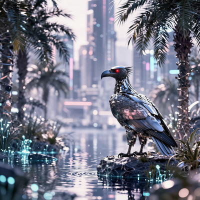 masterpiece, best quality, good quality, very aesthetic, absurdres, newest, 8K, depth of field, focused subject, cybernetic vulture, standing, at the edge of a shimmering oasis, surrounded by sleek metallic palm trees, pools of water glowing faintly under bioluminescent nanotech vegetation, In the distance, the towering skyline of a cybercity emerges through a haze, its neon lights reflecting on the rippling water. The vulture, perched on a rock, scans the landscape with glowing red eyes, its metal feathers glinting in the soft, refracted light of the oasis, in the style of cknc