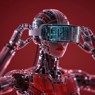 masterpiece, best quality, very awa, absurdres, newest, no humans, 1other, android, head-mounted display, binary, code, 0, 1, lines, transparent, mechanical arms, red background, flat chest, psyc0d3l1c, d41z3n, cyberpunk