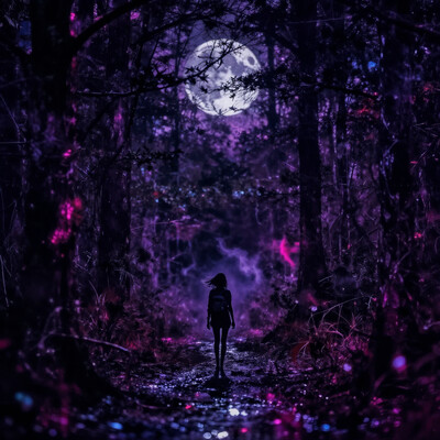 famous artwork, digital painting, hyper-realistic, high resolution, uhd, 8k, 4k, rim lighting, dramatic composition, highly aesthetic, vibrant, neon hues, let me tell you a story to chill the bones, out of things that i saw, one night wandering in the everglades, i'd one drink but no more, i was rambling, enjoying the bright moonlight, gazing up at the stars, not aware of a presence so near to me, watching my every move, feeling scared and i fell to my knees, as something rushed me from the trees, took me to an unholy place, and that is where i fell from grace, and they summoned me over to join in with them, to the dance of the dead, into the circle of fire, i followed them, into the middle, i was led, detailed moon, silhouette of a solo woman with black hair, wearing a backpack, wandering a narrow trail through towering trees in the boglands of the everglades, ominous atmosphere, foreboding doom, horror, thriller, cinematic, black, purple, blue, wine red, dramatic sky, muddy, puddles, water, accurate reflections, cold light, eldritch vapors, dark magic, dark corners, veiled truth, lovecraftian, cthulhu mythos, digital illustration, style of alena aenami, aidmamj6.1