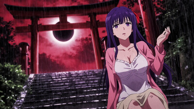 masterpiece, newest, absurdres, best quality, amazing quality, very aesthetic, ultra-detailed, highly detailed, newest, scenery, very awa, anime, dutch angle, wide shot, from below, 1girl, beautiful face, perfect eyes, detailed eyes, mature female, matou sakura, purple hair, straight hair, blunt bang, red ribbon, looking up, sad, dull eyes, tear, shaded face, large breasts, collarbone, white dress, pink cardigan, beige skirt, sandal, wariza, hand up, parted lips, raining, dirty skirt, eclipse, black sun, outdoors, torii, (stairs:0.7), volumetric lighting, shadow, dark, vignetting, (chromatic aberration:1.3), red sky, film grain, high contrast shadowing, blurry foreground