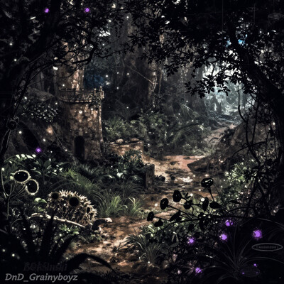 A highly detailed digital art piece featuring a mysterious environment with cool tones, earthy browns, and greens, accented with blues and purples, creating an eerie atmosphere with a sense of depth and contrast digital artwork by Beksinski DnD_Grainyboyz, grainy, noise drawix13, dwx13
