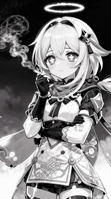 Smooth_Quality, solo, paimon \(genshin impact\), empty eyes, half-closed eyes, annoyed, star-shaped pupils, halo, smoking cigarette, blowing smoke, close-up portrait, short hair, bangs, hair ornament, hair between eyes, white hair, long sleeves, dress, scarf, cape, thighhighs, spot color, shaded face, black and white, from side, dynamic angle, looking at viewer, crossed arms
