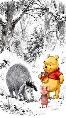 ehshep1 sketch. three anthropomorphic animals in a snowy forest setting. On the left we see the back view of Eeyore grazing on the ground, its ears drooping slightly, and a small tuft of hair on its head. On the right is Winnie-the-Pooh, holding a jar of honey. Piglet is standing beside Winnie-the-Pooh