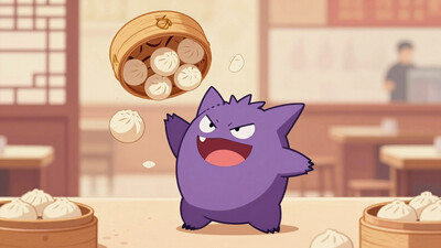 (masterpiece:1.35), (very aesthetic, best quality:1.3), perspective, depth of field, subject focus, gengar, throwing a large amount of dim sum steamed buns into his opened mouth, inside dimsum restaraunt, very warm setting landscape with very warm tones, incase, flat, pastel colors, restaurant, Chinese restaurant, wide angle, cute, kawaii, no humans Flatline, Flat vector illustration iloha24 Y0ney4m4_illu, digital art, surreal, dynamic composition, highly detailed, absurdres