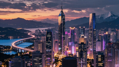 Create a highly detailed, high-resolution image of an awe-inspiring futuristic metropolis at dusk. The cityscape features towering sleek skyscrapers that seem to defy gravity amidst a vibrant neon-lit skyline. A high-speed rail line arcs gracefully over tranquil blue lakes and rolling hills as the sun sets behind majestic snow-capped mountains in the distance, painting the panoramic horizon with warm oranges and pinks., , mythp0rt