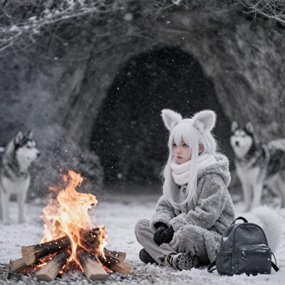 1girl, solo, petite, sitting, Facing the campfire, looking at campfire, backpack on ground, white hair, white mouse ears, long hair, (beautiful_detailed_eyes:1.3), grey eyes, mouse tail, mouse girl, parted lips, Thick coat, Warm pants, black footwear, gloves, campfire, (indoor:1.1), hiding from the Blizzard in the cave, (Narrow cave:1.2), snowstorm, hood, white scarf, dog, (Husky:1.1), cinematic_angle, best quality, masterpiece, Cinematic Lighting, Single light source(bonfire), depth_of_field, absurdres, wallpaper, grey theme, ningen mame
