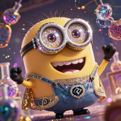 A yellow Minion alchemist exuding pure awesomeness, captured up close in a bold fisheye perspective that amplifies his confident swagger. His gleaming diamond Gr!llz take center stage, each gem sparkling like miniature prisms under dazzling light, creating a mesmerizing rainbow effect. The Minionâs iconic goggles, polished to perfection, reflect the vivid chaos of his alchemical workspaceâbubbling potions, glowing runes, and swirling magical vapors. Draped in intricately designed alchemist robes with embroidered golden patterns and a shimmering metallic sheen, he looks every bit the master of his craft. His pose radiates cool confidence as he leans into the frame, his wide, triumphant grin and sparkling Gr!llz dominating the composition. The fisheye distortion adds an epic dynamic to the scene, with the background warped into a whirlwind of glowing flasks, vibrant fumes, and radiant orbs of light. Bold, colorful lighting accentuates the Minionâs heroic aura, making this a legendary portrayal of an alchemist whoâs as cool as his Gr!llz are dazzling.