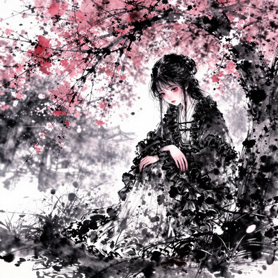 masterpiece, best quality, absurdres, ultra-detailed, intricate details, sharp focus, painterly style, traditional media, HDR, vibrant colors, ink wash, cinematic lighting, epic composition, IllusP0s, 1girl, Seiza, sad, lonely, hanfu, black ruffling_hair, brown eyes, dutch angle, scenic, cherry blossoms
