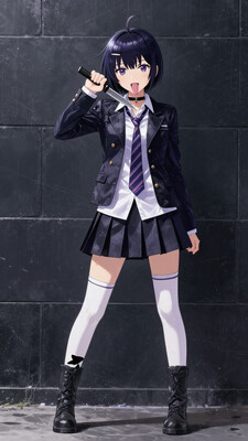 high quality, full body, civchan, yandere, server, tongue out, holding knife