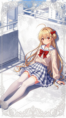 1girl, solo, lazypos, anime-style digital drawing, CG, low angle front view, full body, looking at viewer, detailed background, intricate scenery, cinematic lighting, soft pastel colors, detailed and delicate, whimsical and dreamy, soft shading, detailed textures, gentle and innocent expression, intricate and ornate, elegant and charming, kaela20, medium breasts, blonde hair, red eyes, half updo, long hair, smile, flannel skirt, pleated white and blue skirt, white thighhighs, sleeves past wrists, hair bow, long sleeves, beige blouse, , red bow, heart hair ornament, heart hair ornament, zettai ryouiki, , white sailor collar, white frilled skirt, school rooftop, white concrete floor, blue sky, white railing, leaning against wall, sankakuzuwari