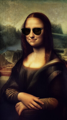 Renaissance style Best quality masterpiece portrait of Bygonepath wearing sunglasses as the mona lisa by leonardo da vinci, . realistic, perspective, light and shadow, religious or mythological themes, highly detailed