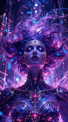A surreal and ethereal cyber-fantasy portrait of a regal woman in a trance-like state, viewed from below. She has luminous, glowing skin in rich tones of purple, magenta, and blue, with intricate golden filigree and gem-like elements adorning her face and forehead. Her flowing hair radiates outward like a celestial nebula, embedded with sparkling lights and magical particles. Her eyes are glowing and closed, exuding mysticism. Her neck and chest are adorned with an elaborate ornamental bio-mechanical collar made of elegant dark metal and pulsating crimson gems, resembling a living piece of art. The background features a high-tech, crystalline containment chamber bathed in neon pink, violet, and electric blue light, with faint energy streams and floating sparkles, evoking a sci-fi-meets-fantasy atmosphere.