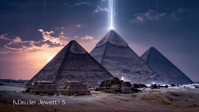 (by Ellen Jewett:1.5), (Bioluminescent Impressionism, Egyptian landscape, The Dreamland, Egyptian desert, sand, rock, great pyramids, fine pyramids, smooth pyramids, techno pyramids with great beams of light shooting up into the sky, sky sunset, sunrise, waterfall, ethereal landscapes, depth of field, biotech emotion:1.3)