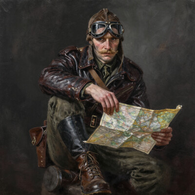 frankowensalisbury1 painting. A WW1 pilot with a mustache, dressed in a leather jacket and wearing aviator goggles. He is posing with a raised knee, with an arm resting on his knee. He is holding a map. The background is dark and textured.