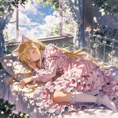 1girl, solo, lazypos, anime-style, detailed background, vibrant colors, delicate, dreamy, cinematic lighting, volumetric lighting, ray tracing, dramatic shadows, dappled sunlight, clouds, blue sky, kaela20, blonde hair, closed eyes, long hair, SWdress, cropped jacket, long sleeves, lace trim, frills, layered skirt, puffy dress, cross-laced dress, buttons, waist ribbon, pink dress, frilled dress, white socks, frilled socks, kneehighs, cat ears, pink collar, veranda, outdoors, garden, sleeping, lying on side, curled up, skirt, usnr, cross-laced clothes, sunlight, collar, sky, A young girl sleeping on a bed. she is wearing a pink dress with white lace trim and has long blonde hair that is flowing in the wind. the background shows a window with blue curtains and a view of trees outside. the overall mood of the image is peaceful and serene.