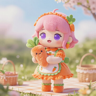 Civchan, CivChan, digital art, pink hair, purple eyes, wearing a whimsical carrot-themed dress with orange and green accents, leafy ruffles, and a cute apron with tiny carrot patterns, holding a soft, adorable carrot plushie with a happy face, cheerful expression, spring picnic setting with blooming flowers and a sunny sky, warm soft lighting, vibrant colors, highly detailed, adorable and playful atmosphere, full-body view, cute accessories like carrot-shaped earrings and a leafy hairpin, high-resolution, charming and wholesome style