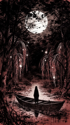 linquivera, Ink illustration, (anime:0.5), brown tones, aged black red paper, inkpunk, moonlight, surreal, a ghost standing on a boat in swampy wetlands, (at a distance), Will-o'-the-wisp, moonlit, lonely, solitude, windy, tall trees, willows, willowy, OverallDetail, extremely detailed, UHD, (long exposure, dystopian but extremely beautiful:1.4)