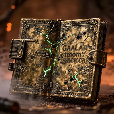 A fine art photograph of an elaborate industrial art Halloween witchs spell book made of brushed brass with many tiny green cracks. The piece has obviously been made by a skilled craftsman, with finely detailed textures and surfaces. It is obviously old, with worn parts and a patina of grime. A phosphorescent glow emanates from it, illuminating the surrounding area. Wisps of glowing orange fog roil in the background. The overall feel of the image is Magical Realism.