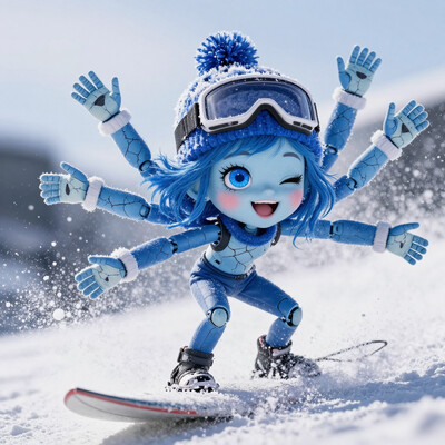 masterpiece, best quality, newest, absurdres, highres, 1girl, RnnDef, blue eyes, one eye closed, blue hair, wavy hair, (4 arms:1.2), extra faces, ghost face, blue skin, colored skin, cracked skin, doll joints, , ski goggles, hat, beanie, goggles on head, goggles on headwear, pom pom (clothes), winter clothes, winter coat, white gloves, long sleeves, pants, outdoors, blush, snow, surfboard, surfing, open mouth, from below, dynamic pose, confidence, dutch angle, happy, solo