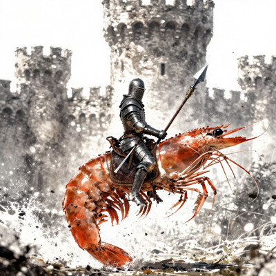 knight riding a shrimp, saddle, lance, holding weapon, castle, armor, fantasy