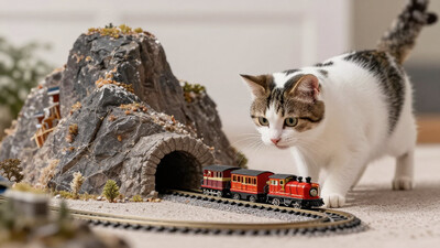 A noc-styr playful cat interacts with a miniature train set in a realistic scene. The tiny train track winds through a detailed landscape, including a small, dark tunnel carved into a rocky mountain.