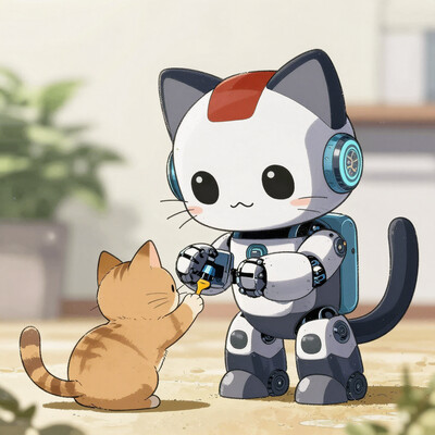 vibrant, highly detailed, award-winning, professional. a robot cat playing with a real cat., anime artwork, anime style, studio anime