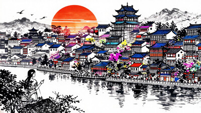 a city on the water beautiful landscape, sunset, woman, very intricate, very detailed, sharp, bright, colorful, chinese ink style