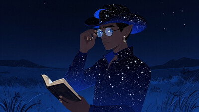 (masterpiece), best quality, amazing quality, flat color, no lineart, cowboy shot, from side, flat perspective, androgynous, solo, mature, handsome, asymmetrical hair, black and blue starry hair, nape, pointy ears, circular glasses, star earring, choker, earclip, blue eyes, narrow eyes, sideways glance, looking over eyewear, BREAK black skin, (midnight blue starry robe, blending in with background:1.1), invisible, starry sky, gradient blue black sky, midnight blue grass, mountainous horizon, holding magic book, wind