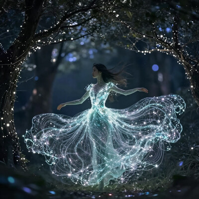 Bioluminescent dress form clad in an ethereal gown swaying as if caressed by the wind, surrounded by a magical forest where elegant trees arch gracefully overhead, mystical aura, intricate detail in the fashion design shimmering with bioluminescent threads, captivating mood, breathtaking surreal masterpiece. aidmafluxpro1.1
