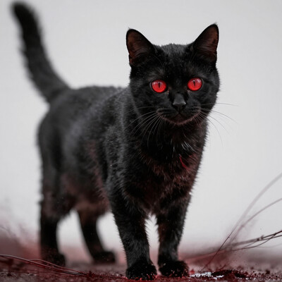 masterpiece, best quality, high quality, newest, highres, absurdres, , Sinozick_illu, 1girl, cat, red eyes, animal ears, long hair, glowing eyes, spot color, black cat, glowing, cat ears, looking at viewer, solo, animal, white background, long sleeves, blood, simple background, power lines, bangs, no face, dutch angle, dark_theme, soft lighting