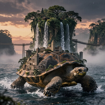 Hyper-realistic scene of a giant ancient tortoise with a city built on its back. The tortoise's shell is covered in lush, dense forest with towering trees, waterfalls cascading down its sides, and a hidden, misty village nestled in the foliage. The city consists of intricately designed buildings that blend seamlessly with the natural environment, featuring rope bridges connecting different sections of the city. The tortoise moves slowly through an endless ocean, with waves gently crashing against its sides. Above, the sky is a mix of warm sunset hues and stars beginning to peek through the twilight. The atmosphere is magical and serene, evoking a sense of wonder and timelessness. The image captures the harmony between nature and civilization, with soft, ambient lighting enhancing the mystical ambiance. The perspective is wide, emphasizing the grandeur of the tortoise and the tiny yet intricate details of the city.