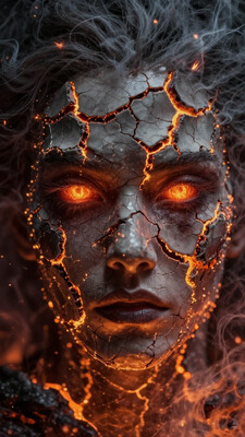 A surreal close-up of a human face where the skin appears to crack open like ceramic, revealing molten lava underneath. The cracks are glowing bright orange, and the person's eyes have an intense, fiery glow. The hair is a smoky gray, with embers flickering at the tips. The lighting is dramatic, casting harsh shadows that enhance the molten effect. The atmosphere is otherworldly and intense, with a burning, apocalyptic feel. DB4RZ, DB4RZ style painting, f4nt4st1c