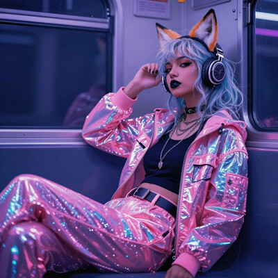 masterpiece, lazypos, best quality, good quality, very aesthetic, absurdres, insane detail, detailed face, detailed expression, newest, 8K, depth of field, focused subject, stylized, wabi sabi, relaxing, 1girl, solo, Anime girl, Young woman (ethnicity:1.0, detailed clothing:1.2, accessories:1.2, facial features:1.3, expression:1.1, body type:1.1, pose:1.2) with light blue/white hair and fox ears, wearing a vibrant pink and light blue iridescent jacket and pants (detailed clothing:1.2), sitting in a train car. (detailed skin texture:1.2), dark black lipstick, (black nail polish:1.1). She wears a black top, several necklaces, and a black belt. She's wearing headphones, a medium-toned complexion. (sparkling iridescent clothing:1.3), seated mid-frame, looking slightly to her right, (profile view:1.1). Inner city train car environment with cool neon lighting (colorful lighting:1.2). Metal-toned train interior, dark blue and grey tones. (vivid color palette:1.1), vibrant pinks and purples, (detailed hair:1.2). The style is vibrant, anime-inspired with a cyberpunk aesthetic, (digital painting:1.0). Composition is detailed, showcasing vibrant colors and intricate details. High-resolution image. photorealistic style.