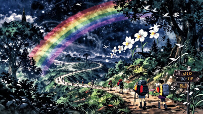 ethereal fantasy concept art of Dark Fantasy Art, , Smooth_Quality, lazypos, lazyup, hiking trail with a well-marked path, signs indicating distance and direction, varied terrain with ups and downs, scouts walking with backpacks and hiking sticks, birds singing in the trees, masterpiece, 32k, (best quality:1.2), high res, amazing quality, effervescent color, majestic, rainbow light effect smelling flower, extremely detailed, , style of James C. Christensen, psychedelic trip, futuristic-fantasy-anime, , (Studio ghibli style, Art by Hayao Miyazaki:1.2), Anime Style, Manga Style, Hand drawn, cinematic, Sharp focus, humorous illustration, big depth of field, Masterpiece, concept art, trending on artstation, Vivid colors, Simplified style, trending on ArtStation, trending on CGSociety, Intricate, Vibrant colors, Soft Shading, Simplistic Features, Sharp Angles, Playful, Realistic anime art style, combines anime aesthetics with lifelike details, detailed character designs, intricate backgrounds, immersive storytelling, dark, moody, dark fantasy style, magnificent, celestial, ethereal, painterly, epic, majestic, magical, fantasy art, cover art, dreamy, Fantasy painting art style, imaginative, dynamic composition, professional-grade execution, creates immersive world and landscape, painterly, epic, magical