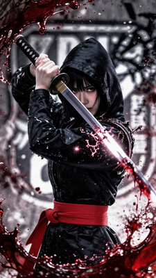 masterpiece, best quality, very aesthetic, (aliasing:1.2), (jaggy lines:1.2), photo \(medium\), cosplay photo, (realistic:1.1), photorealistic, (by 96yottea:1.2), 1girl, solo, black ninja outfit, red belts, Japanese words background, head covered by hoodie, holding the katana, katana infront the face, upper body, sharp eyes, glowing effects, high texture, masterpiece, best quality, amazing quality, very aesthetic, highres, perfect katana, glowing, art, art style, side shot, top view, bloody background, blood, melting, the girl is melting, splash, nhl-005, , , masterpiece, best quality, very aesthetic, absurdres